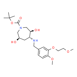 ChemSpider 2D Image | 2-Methyl-2-propanyl (3R,4R,6R)-3,6-dihydroxy-4-{[4-methoxy-3-(2-methoxyethoxy)benzyl]amino}-1-azepanecarboxylate | C22H36N2O7