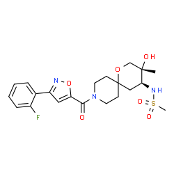 ChemSpider 2D Image | N-[(3R,4S)-9-{[3-(2-Fluorophenyl)-1,2-oxazol-5-yl]carbonyl}-3-hydroxy-3-methyl-1-oxa-9-azaspiro[5.5]undec-4-yl]methanesulfonamide | C21H26FN3O6S