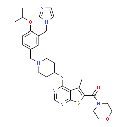 ChemSpider 2D Image | [4-({1-[3-(1H-Imidazol-1-ylmethyl)-4-isopropoxybenzyl]-4-piperidinyl}amino)-5-methylthieno[2,3-d]pyrimidin-6-yl](4-morpholinyl)methanone | C31H39N7O3S
