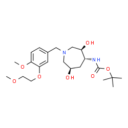 ChemSpider 2D Image | 2-Methyl-2-propanyl {(3R,4R,6R)-3,6-dihydroxy-1-[4-methoxy-3-(2-methoxyethoxy)benzyl]-4-azepanyl}carbamate | C22H36N2O7