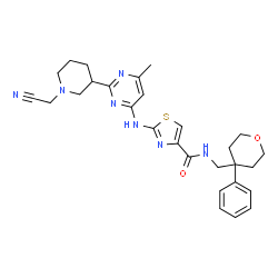 ChemSpider 2D Image | 2-({2-[1-(Cyanomethyl)-3-piperidinyl]-6-methyl-4-pyrimidinyl}amino)-N-[(4-phenyltetrahydro-2H-pyran-4-yl)methyl]-1,3-thiazole-4-carboxamide | C28H33N7O2S