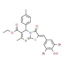 ChemSpider 2D Image | Ethyl (2Z)-2-(3,5-dibromo-4-hydroxybenzylidene)-7-methyl-5-(4-methylphenyl)-3-oxo-2,3-dihydro-5H-[1,3]thiazolo[3,2-a]pyrimidine-6-carboxylate | C24H20Br2N2O4S