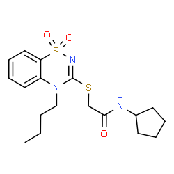 ChemSpider 2D Image | 2-[(4-Butyl-1,1-dioxido-4H-1,2,4-benzothiadiazin-3-yl)sulfanyl]-N-cyclopentylacetamide | C18H25N3O3S2