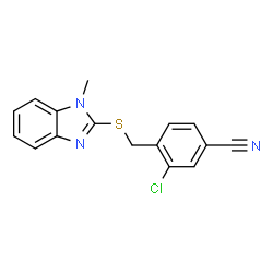 ChemSpider 2D Image | 3-Chloro-4-{[(1-methyl-1H-benzimidazol-2-yl)sulfanyl]methyl}benzonitrile | C16H12ClN3S