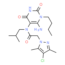 ChemSpider 2D Image | N-(6-Amino-1-butyl-2,4-dioxo-1,2,3,4-tetrahydro-5-pyrimidinyl)-2-(4-chloro-3,5-dimethyl-1H-pyrazol-1-yl)-N-isobutylacetamide | C19H29ClN6O3