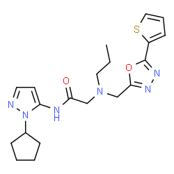 ChemSpider 2D Image | N-(1-Cyclopentyl-1H-pyrazol-5-yl)-N~2~-propyl-N~2~-{[5-(2-thienyl)-1,3,4-oxadiazol-2-yl]methyl}glycinamide | C20H26N6O2S