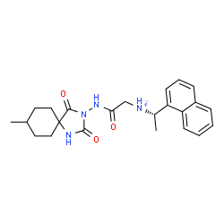 ChemSpider 2D Image | 2-[(8-Methyl-2,4-dioxo-1,3-diazaspiro[4.5]dec-3-yl)amino]-N-[(1S)-1-(1-naphthyl)ethyl]-2-oxoethanaminium | C23H29N4O3