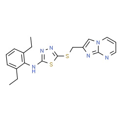 ChemSpider 2D Image | N-(2,6-Diethylphenyl)-5-[(imidazo[1,2-a]pyrimidin-2-ylmethyl)sulfanyl]-1,3,4-thiadiazol-2-amine | C19H20N6S2