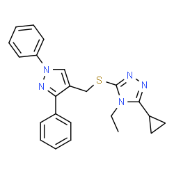 ChemSpider 2D Image | 3-Cyclopropyl-5-{[(1,3-diphenyl-1H-pyrazol-4-yl)methyl]sulfanyl}-4-ethyl-4H-1,2,4-triazole | C23H23N5S