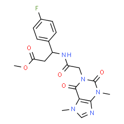 ChemSpider 2D Image | Methyl 3-{[(3,7-dimethyl-2,6-dioxo-2,3,6,7-tetrahydro-1H-purin-1-yl)acetyl]amino}-3-(4-fluorophenyl)propanoate | C19H20FN5O5