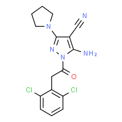 ChemSpider 2D Image | 5-Amino-1-[(2,6-dichlorophenyl)acetyl]-3-(1-pyrrolidinyl)-1H-pyrazole-4-carbonitrile | C16H15Cl2N5O