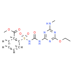ChemSpider 2D Image | Methyl 2-({[4-ethoxy-6-(methylamino)-1,3,5-triazin-2-yl]carbamoyl}sulfamoyl)(~14~C_6_)benzoate | C914C6H18N6O6S