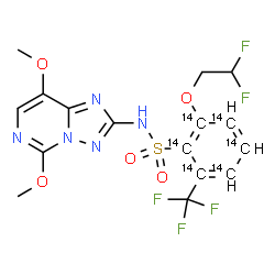 ChemSpider 2D Image | 2-(2,2-Difluoroethoxy)-N-(5,8-dimethoxy[1,2,4]triazolo[1,5-c]pyrimidin-2-yl)-6-(trifluoromethyl)(~14~C_6_)benzenesulfonamide | C1014C6H14F5N5O5S