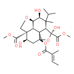 ChemSpider 2D Image | Dimethyl (2aR,3S,4S,4aS,5S,7aS,8S,10R,10aS,10bR)-3,5,10-trihydroxy-4-isopropyl-4-methyl-8-{[(2E)-2-methyl-2-butenoyl]oxy}octahydro-1H-furo[3',4':4,4a]naphtho[1,8-bc]furan-5,10a(8H)-dicarboxylate | C26H38O11