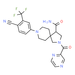 ChemSpider 2D Image | 8-[4-Cyano-3-(trifluoromethyl)phenyl]-2-(2-pyrazinylcarbonyl)-2,8-diazaspiro[4.5]decane-4-carboxamide | C22H21F3N6O2