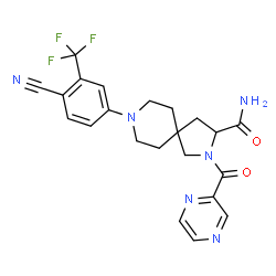 ChemSpider 2D Image | 8-[4-Cyano-3-(trifluoromethyl)phenyl]-2-(2-pyrazinylcarbonyl)-2,8-diazaspiro[4.5]decane-3-carboxamide | C22H21F3N6O2