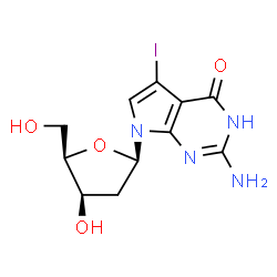 ChemSpider 2D Image | 2-Amino-7-(2-deoxy-beta-D-threo-pentofuranosyl)-5-iodo-3,7-dihydro-4H-pyrrolo[2,3-d]pyrimidin-4-one | C11H13IN4O4