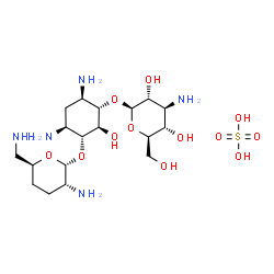ChemSpider 2D Image | (1R,2S,3S,4R,6S)-4,6-Diamino-3-[(3-amino-3-deoxy-beta-D-glucopyranosyl)oxy]-2-hydroxycyclohexyl 2,6-diamino-2,3,4,6-tetradeoxy-alpha-D-erythro-hexopyranoside sulfate (1:1) | C18H39N5O12S
