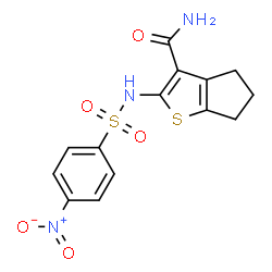 ChemSpider 2D Image | 2-{[(4-Nitrophenyl)sulfonyl]amino}-5,6-dihydro-4H-cyclopenta[b]thiophene-3-carboxamide | C14H13N3O5S2