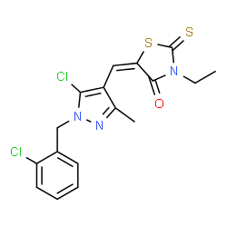 ChemSpider 2D Image | (5E)-5-{[5-Chloro-1-(2-chlorobenzyl)-3-methyl-1H-pyrazol-4-yl]methylene}-3-ethyl-2-thioxo-1,3-thiazolidin-4-one | C17H15Cl2N3OS2