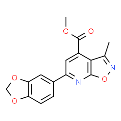 ChemSpider 2D Image | Methyl 6-(1,3-benzodioxol-5-yl)-3-methyl[1,2]oxazolo[5,4-b]pyridine-4-carboxylate | C16H12N2O5