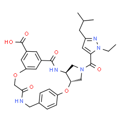 ChemSpider 2D Image | (3S,7S)-5-[(1-Ethyl-3-isobutyl-1H-pyrazol-5-yl)carbonyl]-9,17-dioxo-2,15-dioxa-5,8,18-triazatetracyclo[18.2.2.1~10,14~.0~3,7~]pentacosa-1(22),10(25),11,13,20,23-hexaene-12-carboxylic acid | C31H35N5O7