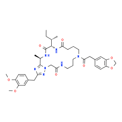 ChemSpider 2D Image | (17S,20R)-11-(1,3-Benzodioxol-5-ylacetyl)-17-[(2S)-2-butanyl]-2-(3,4-dimethoxybenzyl)-20-methyl-7,8,9,10,11,12,13,14,16,17,19,20-dodecahydro[1,2,4]triazolo[5,1-f][1,4,7,10,14]pentaazacyclooctadecine-6
,15,18(5H)-trione | C37H49N7O8