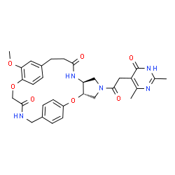 ChemSpider 2D Image | (3S,7S)-5-[(2,4-Dimethyl-6-oxo-1,6-dihydro-5-pyrimidinyl)acetyl]-14-methoxy-2,16-dioxa-5,8,19-triazatetracyclo[19.2.2.2~12,15~.0~3,7~]heptacosa-1(23),12,14,21,24,26-hexaene-9,18-dione | C31H35N5O7