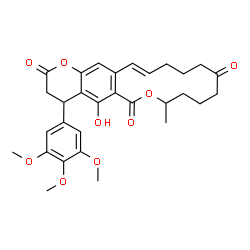 ChemSpider 2D Image | (16E)-5-Hydroxy-8-methyl-4-(3,4,5-trimethoxyphenyl)-4,8,9,10,11,13,14,15-octahydro-2H,6H-oxacyclotetradecino[3,4-g]chromene-2,6,12(3H)-trione | C30H34O9