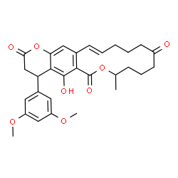 ChemSpider 2D Image | (16E)-4-(3,5-Dimethoxyphenyl)-5-hydroxy-8-methyl-4,8,9,10,11,13,14,15-octahydro-2H,6H-oxacyclotetradecino[3,4-g]chromene-2,6,12(3H)-trione | C29H32O8