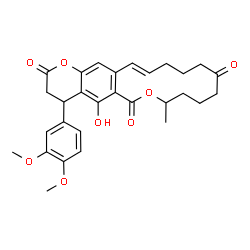 ChemSpider 2D Image | (16E)-4-(3,4-Dimethoxyphenyl)-5-hydroxy-8-methyl-4,8,9,10,11,13,14,15-octahydro-2H,6H-oxacyclotetradecino[3,4-g]chromene-2,6,12(3H)-trione | C29H32O8