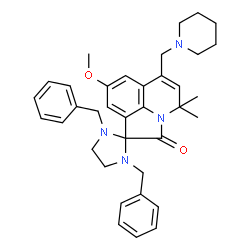 ChemSpider 2D Image | 1,3-Dibenzyl-8'-methoxy-4',4'-dimethyl-6'-(1-piperidinylmethyl)-4'H-spiro[imidazolidine-2,1'-pyrrolo[3,2,1-ij]quinolin]-2'-one | C36H42N4O2