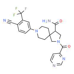ChemSpider 2D Image | 8-[4-Cyano-3-(trifluoromethyl)phenyl]-2-(4-pyrimidinylcarbonyl)-2,8-diazaspiro[4.5]decane-4-carboxamide | C22H21F3N6O2