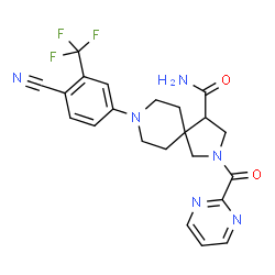 ChemSpider 2D Image | 8-[4-Cyano-3-(trifluoromethyl)phenyl]-2-(2-pyrimidinylcarbonyl)-2,8-diazaspiro[4.5]decane-4-carboxamide | C22H21F3N6O2