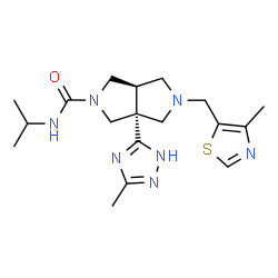 ChemSpider 2D Image | (3aR,6aR)-N-Isopropyl-5-[(4-methyl-1,3-thiazol-5-yl)methyl]-3a-(3-methyl-1H-1,2,4-triazol-5-yl)hexahydropyrrolo[3,4-c]pyrrole-2(1H)-carboxamide | C18H27N7OS