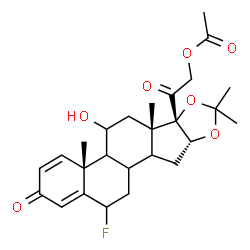 ChemSpider 2D Image | 2-[(4aR,6aS,6bS,9aR)-12-Fluoro-5-hydroxy-4a,6a,8,8-tetramethyl-2-oxo-2,4a,4b,5,6,6a,9a,10,10a,10b,11,12-dodecahydro-6bH-naphtho[2',1':4,5]indeno[1,2-d][1,3]dioxol-6b-yl]-2-oxoethyl acetate | C26H33FO7