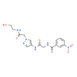 ChemSpider 2D Image | N-{2-[(1-{2-[(2-Hydroxyethyl)amino]-2-oxoethyl}-1H-pyrazol-4-yl)amino]-2-oxoethyl}-3-nitrobenzamide | C16H18N6O6