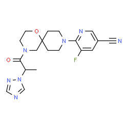 ChemSpider 2D Image | 5-Fluoro-6-{4-[2-(1H-1,2,4-triazol-1-yl)propanoyl]-1-oxa-4,9-diazaspiro[5.5]undec-9-yl}nicotinonitrile | C19H22FN7O2
