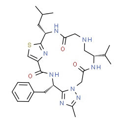 ChemSpider 2D Image | (4S,13S,19S)-4-Benzyl-19-isobutyl-13-isopropyl-7-methyl-21-thia-3,6,8,9,12,15,18,23-octaazatricyclo[18.2.1.0~5,9~]tricosa-1(22),5,7,20(23)-tetraene-2,11,17-trione | C29H40N8O3S