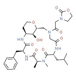 ChemSpider 2D Image | (1S,4S,7S,10R,16R,20S)-4-Benzyl-20-hydroxy-10-isobutyl-7,8-dimethyl-14-[(2-oxo-1,3-oxazolidin-3-yl)acetyl]-17-oxa-2,5,8,11,14-pentaazabicyclo[14.3.1]icosane-3,6,9,12-tetrone | C32H46N6O9