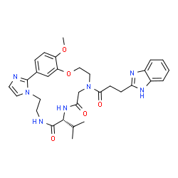 ChemSpider 2D Image | (11R)-15-[3-(1H-Benzimidazol-2-yl)propanoyl]-11-isopropyl-20-methoxy-18-oxa-3,6,9,12,15-pentaazatricyclo[17.3.1.0~2,6~]tricosa-1(23),2,4,19,21-pentaene-10,13-dione | C31H37N7O5