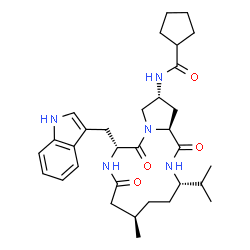 ChemSpider 2D Image | N-[(3S,6R,10R,14R,15aS)-10-(1H-Indol-3-ylmethyl)-3-isopropyl-6-methyl-1,8,11-trioxotetradecahydro-1H-pyrrolo[2,1-c][1,4,7]triazacyclotridecin-14-yl]cyclopentanecarboxamide | C32H45N5O4