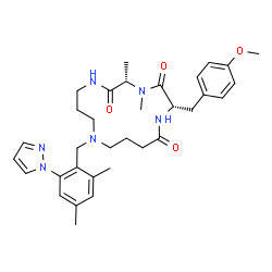 ChemSpider 2D Image | (2S,5S)-11-[2,4-Dimethyl-6-(1H-pyrazol-1-yl)benzyl]-2-(4-methoxybenzyl)-4,5-dimethyl-1,4,7,11-tetraazacyclopentadecane-3,6,15-trione | C33H44N6O4
