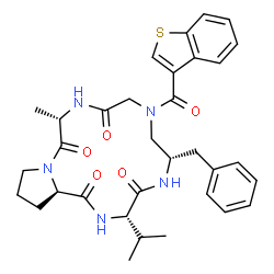 ChemSpider 2D Image | (3S,6S,12S,17aR)-8-(1-Benzothiophen-3-ylcarbonyl)-6-benzyl-3-isopropyl-12-methyldodecahydro-1H-pyrrolo[1,2-a][1,4,7,10,13]pentaazacyclopentadecine-1,4,10,13(5H)-tetrone | C33H39N5O5S
