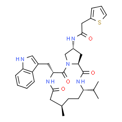 ChemSpider 2D Image | N-[(3S,6R,10R,14R,15aS)-10-(1H-Indol-3-ylmethyl)-3-isopropyl-6-methyl-1,8,11-trioxotetradecahydro-1H-pyrrolo[2,1-c][1,4,7]triazacyclotridecin-14-yl]-2-(2-thienyl)acetamide | C32H41N5O4S