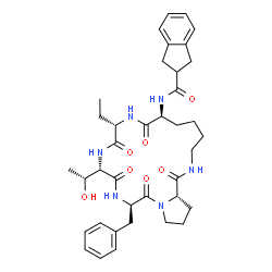ChemSpider 2D Image | N-{(7S,10S,13S,16R,21aS)-16-Benzyl-10-ethyl-13-[(1R)-1-hydroxyethyl]-1,8,11,14,17-pentaoxoicosahydro-1H-pyrrolo[2,1-c][1,4,7,10,13]pentaazacyclononadecin-7-yl}-2-indanecarboxamide | C38H50N6O7