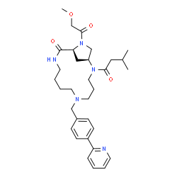 ChemSpider 2D Image | (1S,13S)-14-(Methoxyacetyl)-2-(3-methylbutanoyl)-6-[4-(2-pyridinyl)benzyl]-2,6,11,14-tetraazabicyclo[11.2.1]hexadecan-12-one | C32H45N5O4