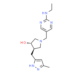 ChemSpider 2D Image | (3S,4R)-1-{[2-(Ethylamino)-5-pyrimidinyl]methyl}-4-[(3-methyl-1H-pyrazol-5-yl)methyl]-3-pyrrolidinol | C16H24N6O