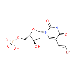 ChemSpider 2D Image | 5-[(E)-2-Bromovinyl]-1-(2-deoxy-5-O-phosphono-beta-L-erythro-pentofuranosyl)-2,4(1H,3H)-pyrimidinedione | C11H14BrN2O8P