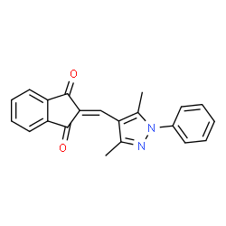 ChemSpider 2D Image | 2-[(3,5-Dimethyl-1-phenyl-1H-pyrazol-4-yl)methylene]-1H-indene-1,3(2H)-dione | C21H16N2O2